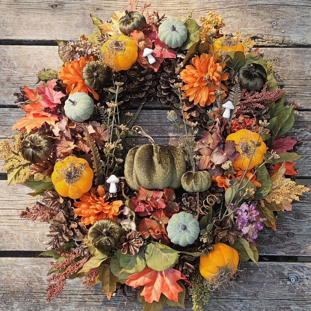 18" Fall Wreath made with Pinecones, Pumpkins, Flowers, & Leaves